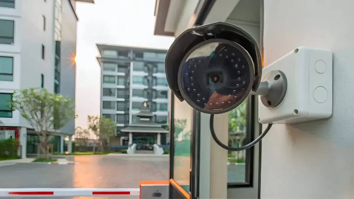 Dome security camera mounted on building wall